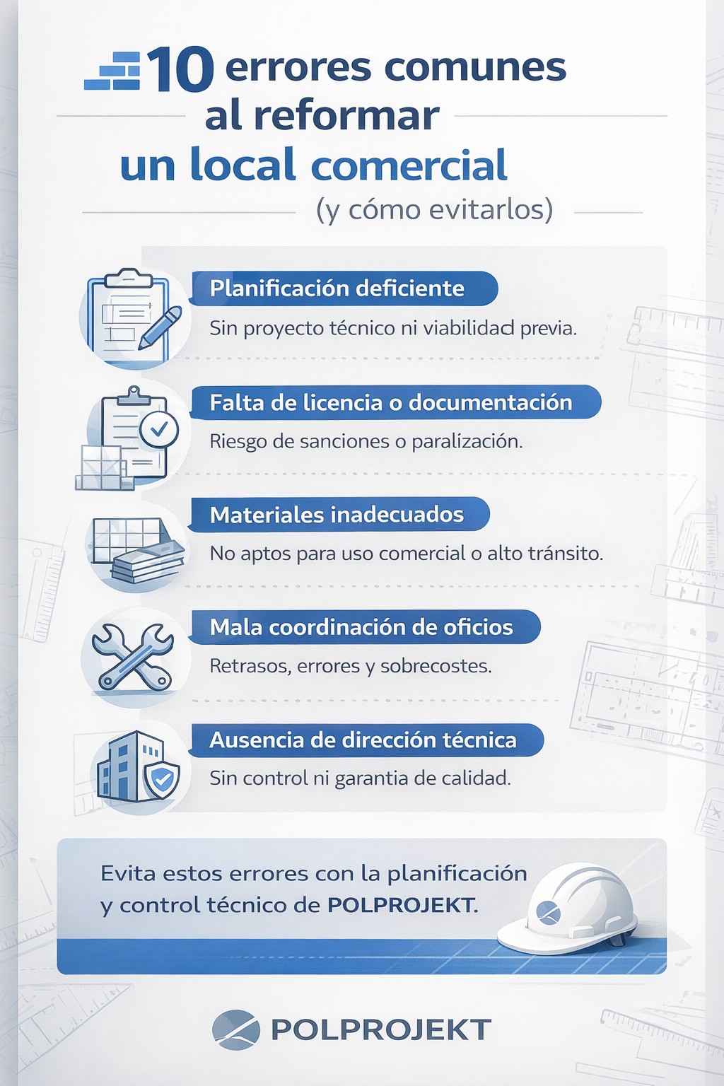 Infografía sobre los 5 errores más comunes al reformar un local comercial en Madrid